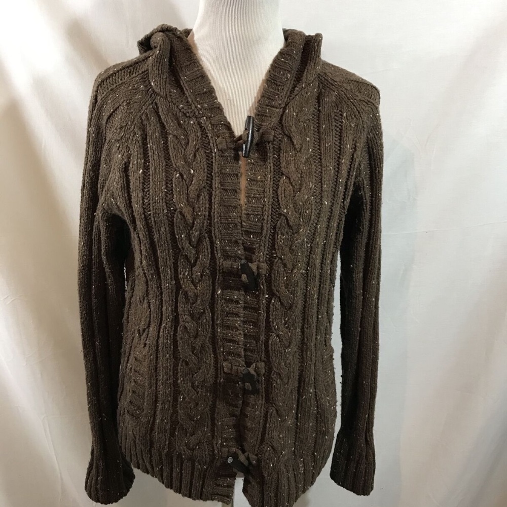 Relativity brown fleck button up hooded sweater - womens large, bust 20".